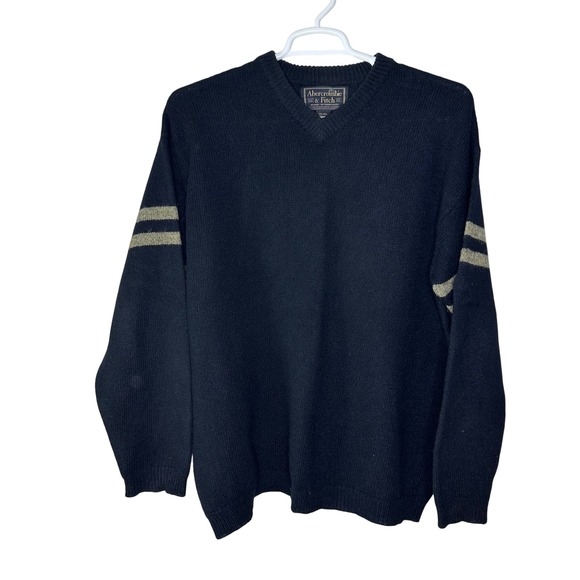 VTG Abercrombie Fitch Sweater Men‎ XL V Neck Navy Blue Gray Stripe Wool Preppy